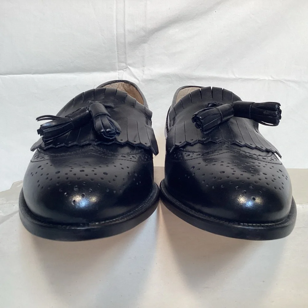 Brass Boot Vintage Italian Made Men's Black Leather Wingtip Tassel Loafers 8 1/2